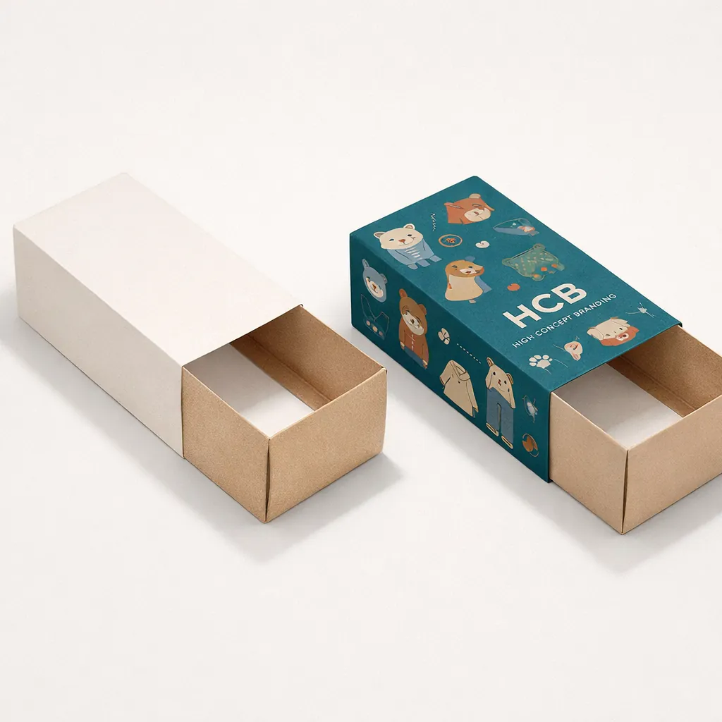 Two sliding drawer-style sleeve boxes, one plain white and one featuring teal waves and branding. class=
